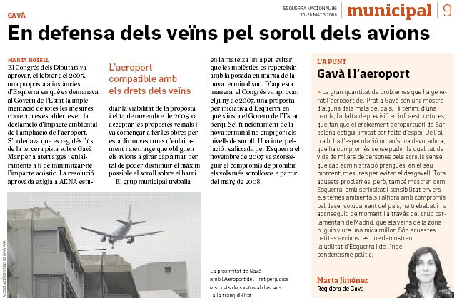 Notícia publicada al número 96 de la publicació "Esquerra Nacional" on ERC de Gavà explica les gestions que han realitzat per minimitzar l'impacte acústic de l'aeroport del Prat (20 de Maig de 2008)